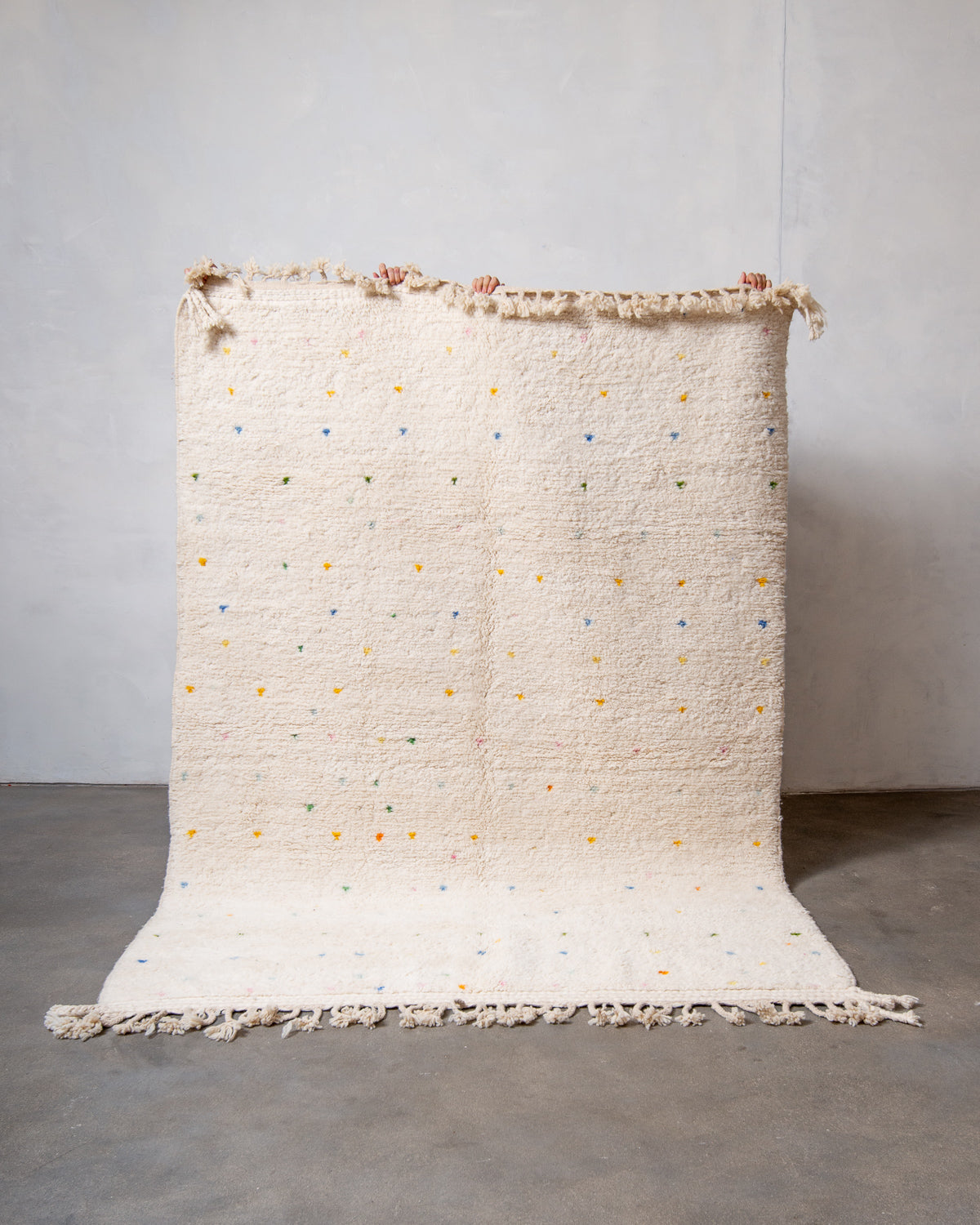 Modern, designer, handcrafted Berber rug from Morocco. Beniourain carpet with beautiful colours and patterns and fluffy wool texture.